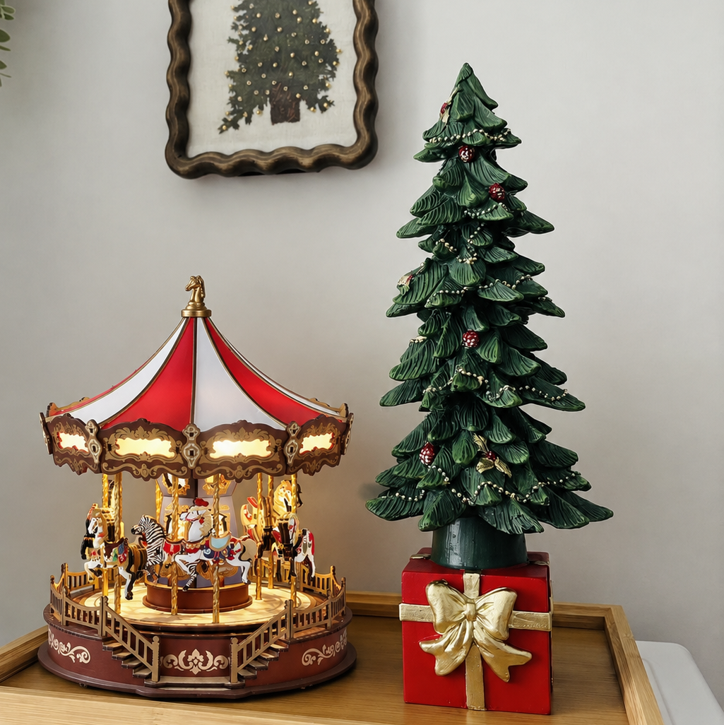 3D Wooden Carousel Music Box with LED Lights