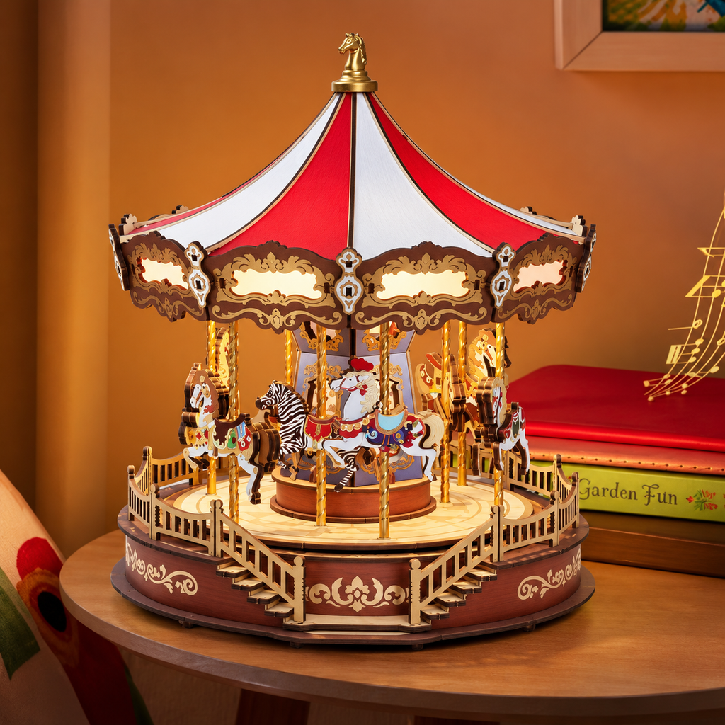 3D Wooden Carousel Music Box with LED Lights