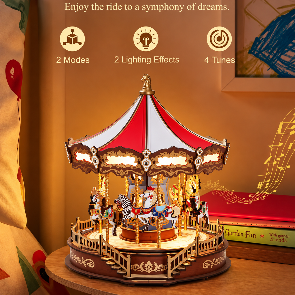 3D Wooden Carousel Music Box with LED Lights