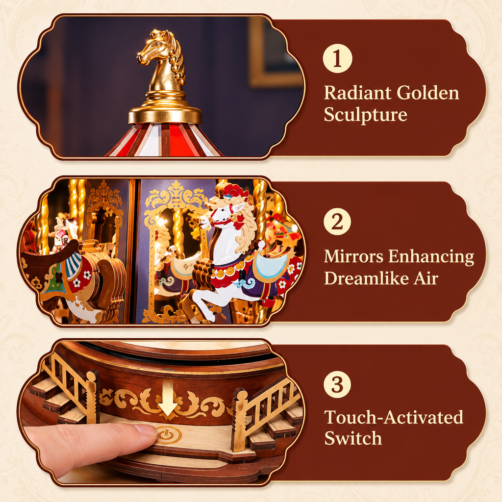 3D Wooden Carousel Music Box with LED Lights