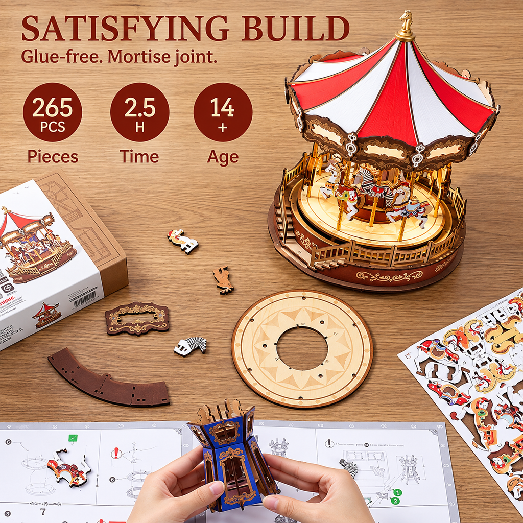 3D Wooden Carousel Music Box with LED Lights