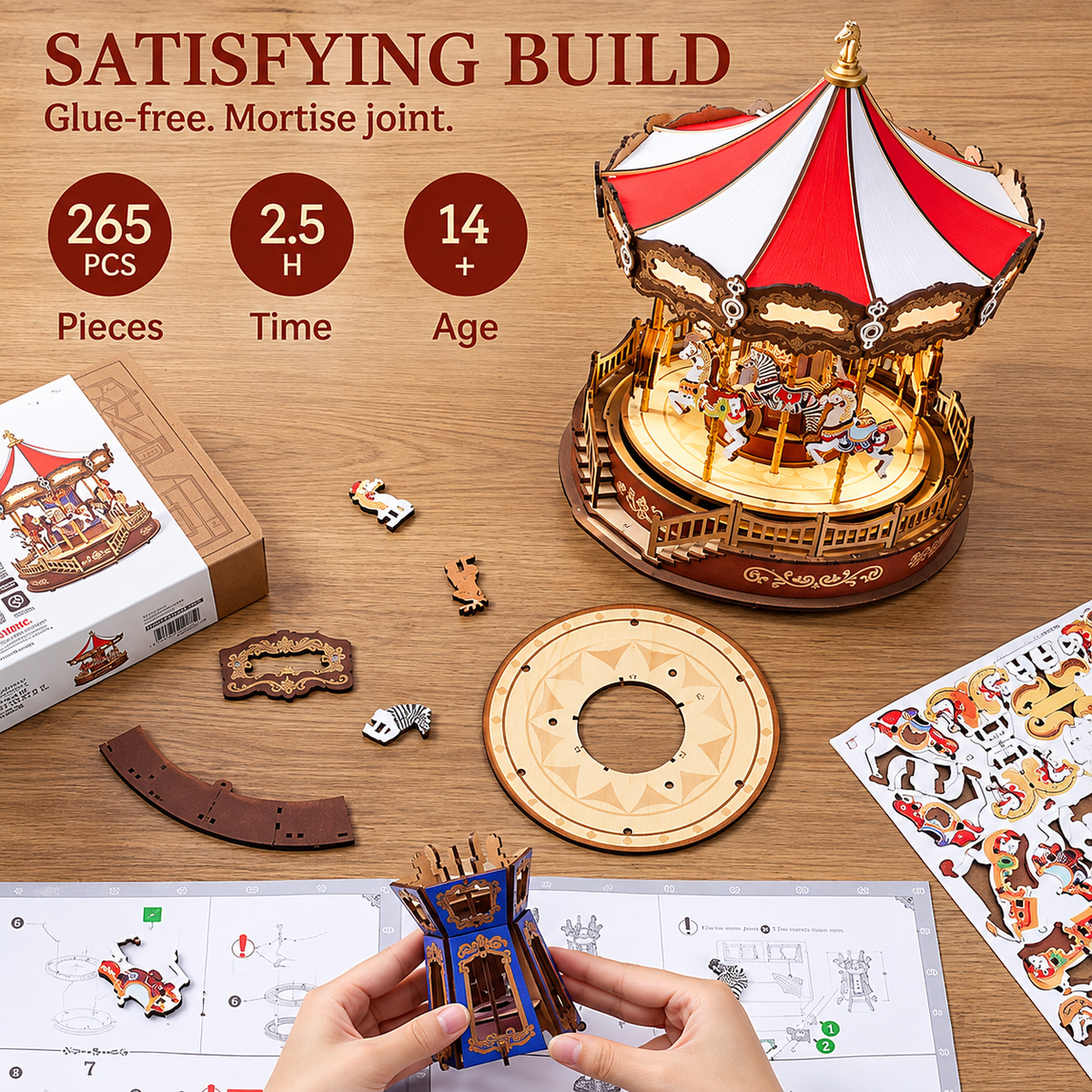3D Wooden Carousel Music Box with LED Lights