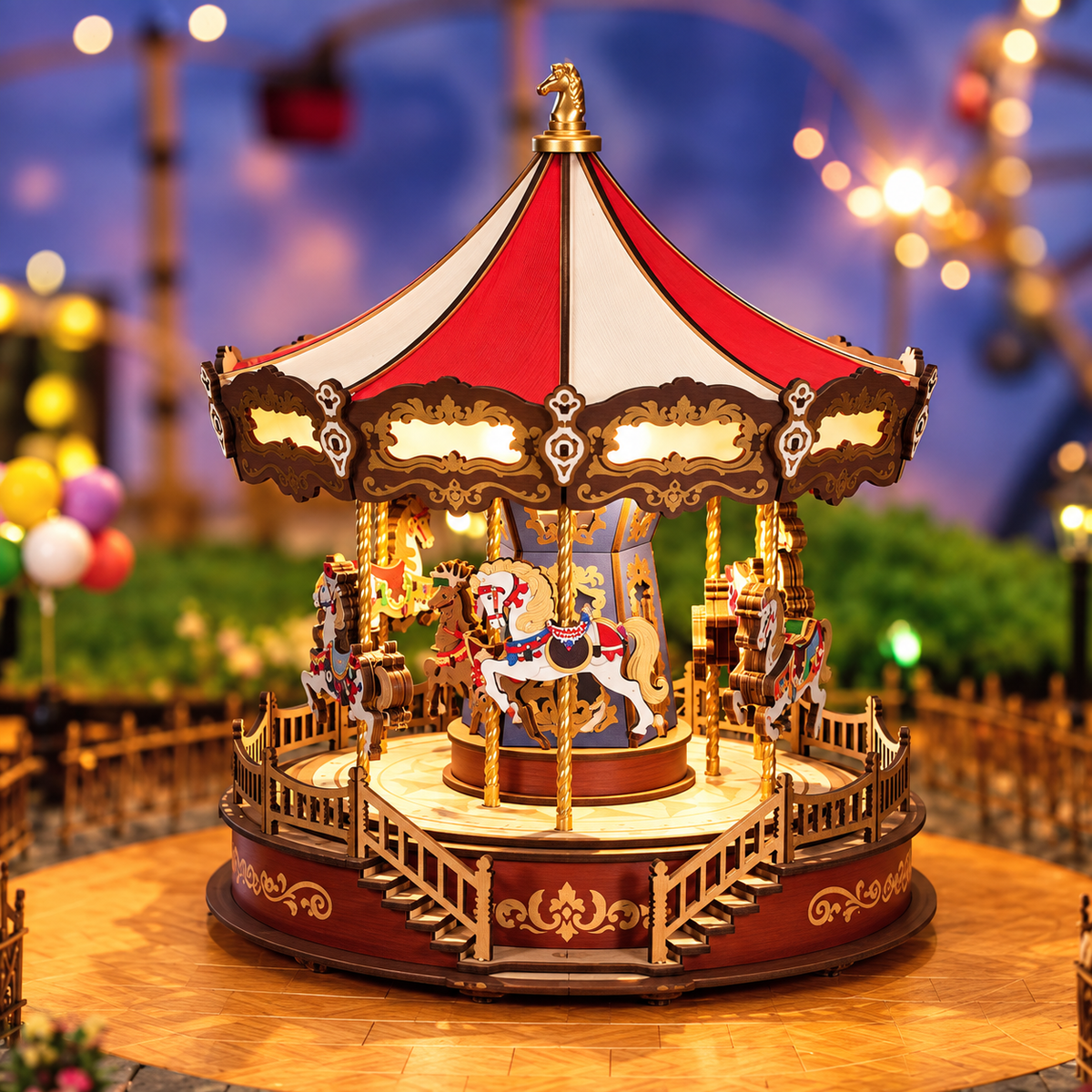 3D Wooden Carousel Music Box with LED Lights